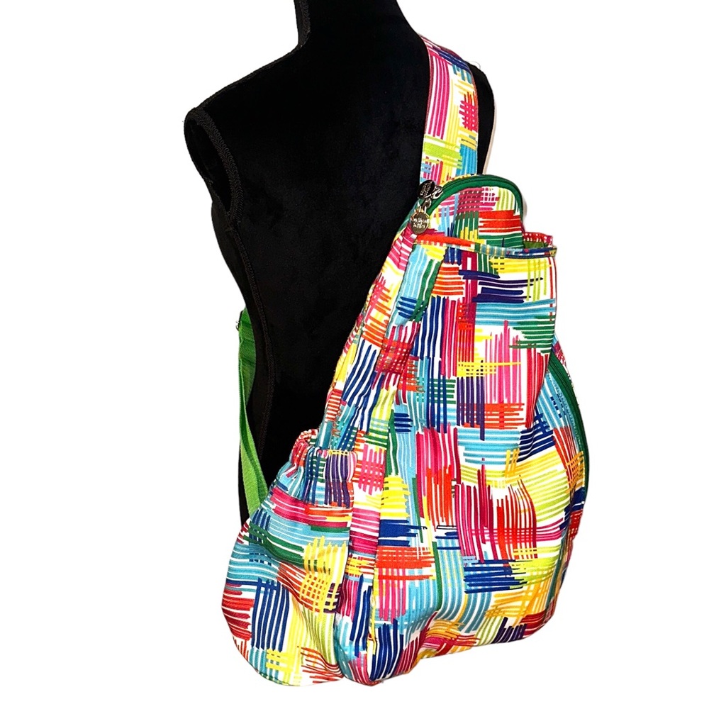 Buckhead Betties Tennis Sling Backpack Multicolored Crosshatch Pattern Canvas